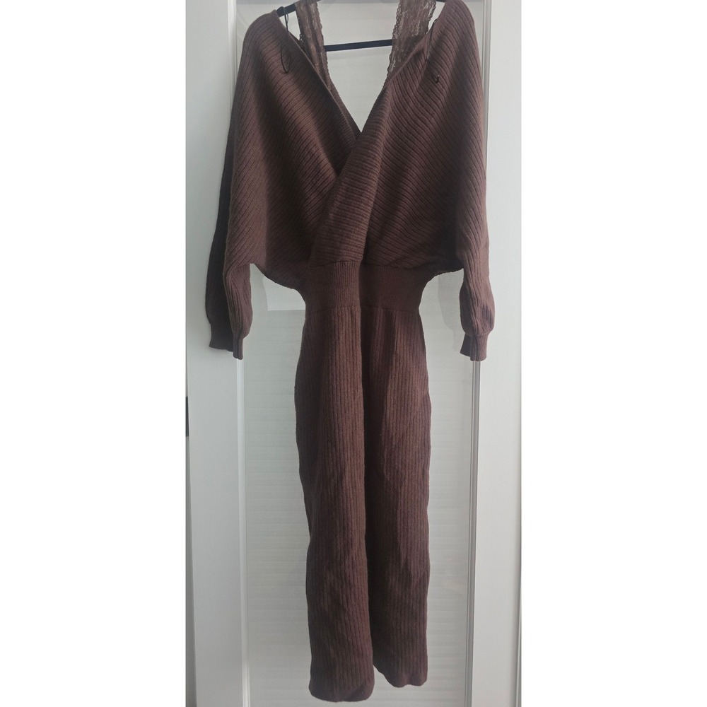 Cider Brown Ribbed Knit Surplice Wrap Midi Sweater Dress Lace Trim 0XL NEW - Picture 3 of 8